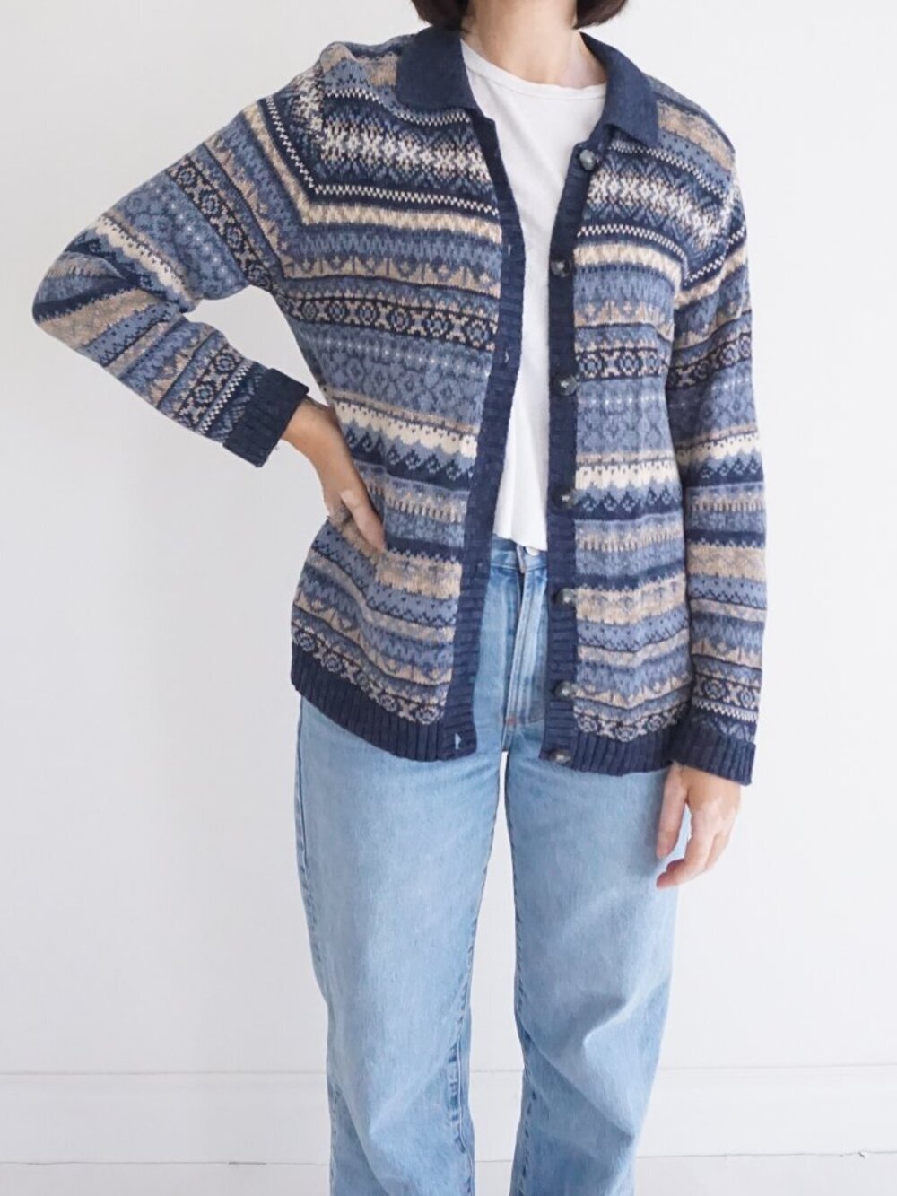 Vintage Marsh Landing Blue Fair Isle Nordic Knit Button Front Cardigan Cottage M